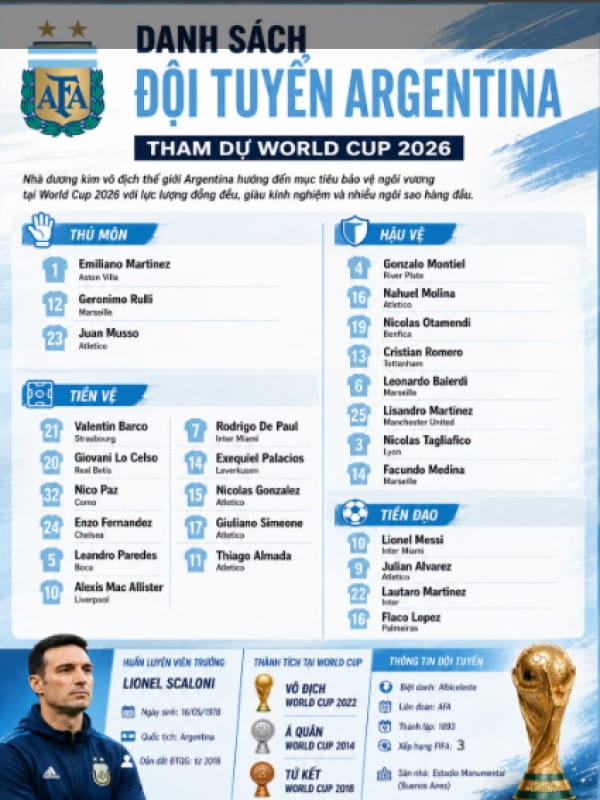 Đội hình tham dự World Cup 2026 của Argentina có Messi không?
